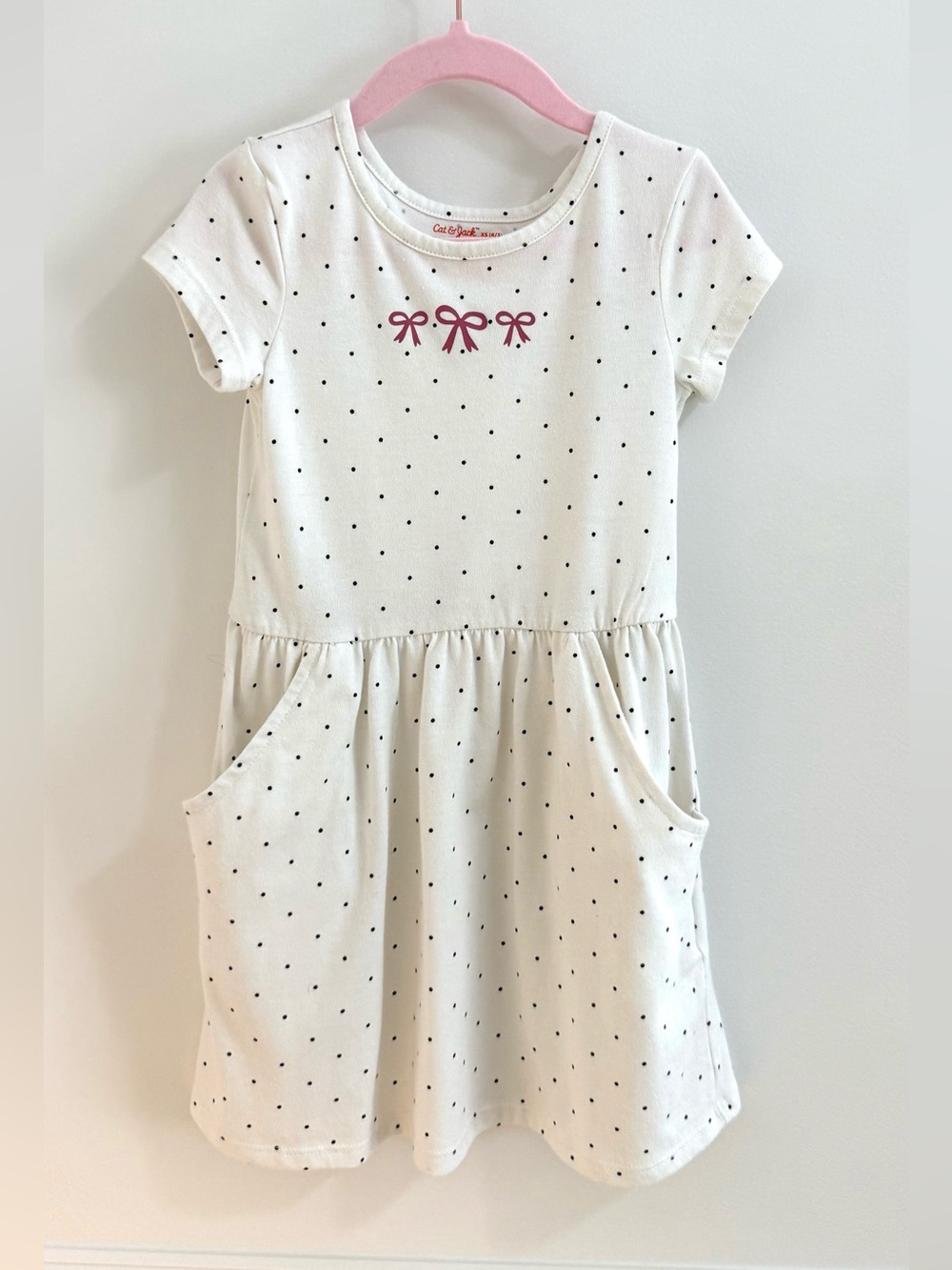 Cat & Jack Cream Dress with Pink Bow Print and Black Polka Dots Size 4/5